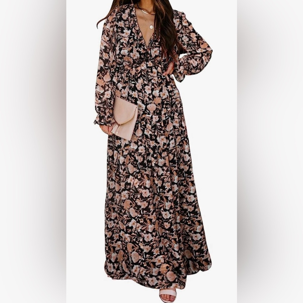 Casual Floral Deep V Neck Long Sleeve Maxi Dress…Worn 1x